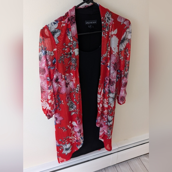 Stella and Julie black and red dress with sheer floral attached cardigan - Picture 5 of 11